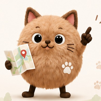 地図を持って案内するペット困りごとナビの猫耳マスコット